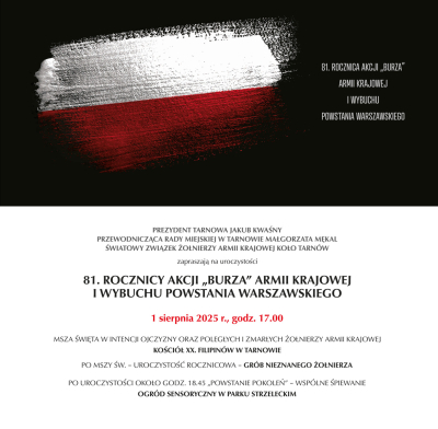 Zaproszenie do udziału w uroczystościach 81. Rocznicy Akcji „Burza” Armii Krajowej i Wybuchu Powstania Warszawskiego